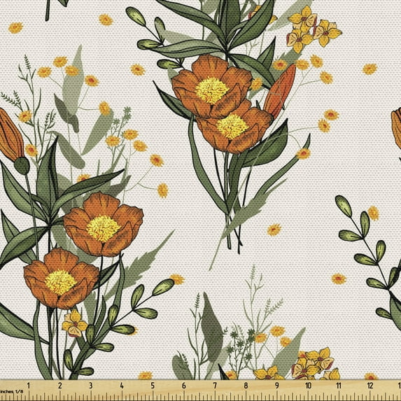 Ambesonne Hawaii Fabric by the Yard Upholstery, Vintage California Poppy, 1 Yard, Burnt Orange Champagne