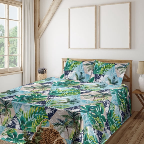 Hawaii Vibes Sheet Set, Aloha Themed Palm Tree Illustrations with Hexagon Shapes Print, Fitted & Flat Sheet with Pillowcase Bedding Accent 3 Pcs Set, Twin XL, Seafoam Fern Green Dusk, by Ambesonne