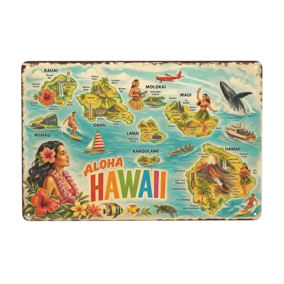 Hawaii Vintage Travel Map Metal Wall Decor Sign 8X12 Inch, Retro Island Map Artwork Plaque with Aloha Theme, Tropical Ocean Landscape Design for Home Bar Room Indoor Outdoor Decora