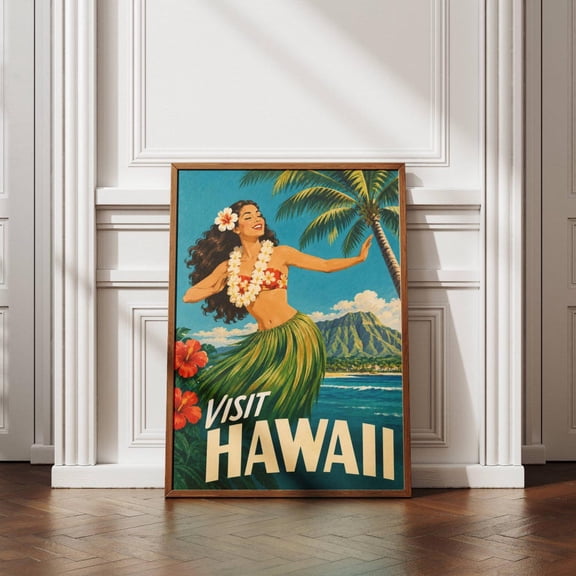 Hawaii Vintage Travel Poster, Hawaiian Hula Girl and Waikiki Beach Illustration with Retro Aloha Design for Bedroom and Living Room