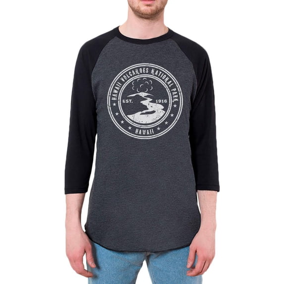 Hawaii Volcanoes National Park Mens Raglan T Shirt Heather Black-Black LG