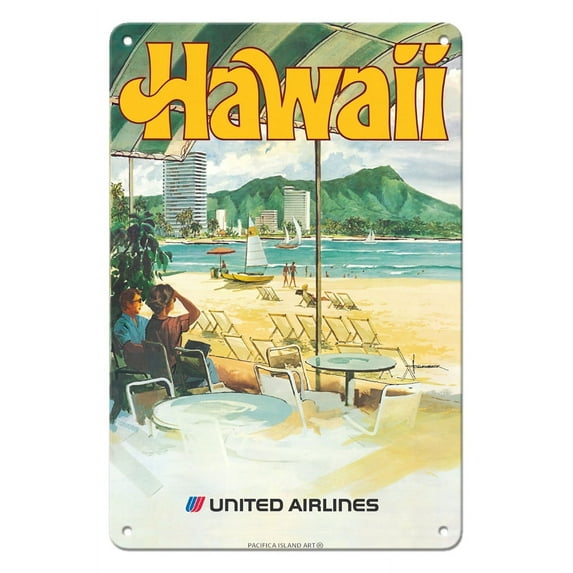 Hawaii - Waikiki Beach - United Air Lines - Vintage Airline Travel Poster by Allen Beck c.1970s - 8 x 12 inch Vintage Metal Tin Sign