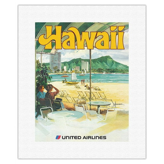 Hawaii - Waikiki Beach - United Air Lines - Vintage Airline Travel Poster by Allen Beck c.1970s - Fine Art Rolled Canvas Print 11in x 14in