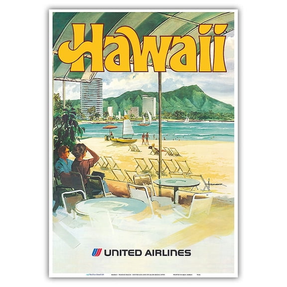 Hawaii - Waikiki Beach - United Air Lines - Vintage Airline Travel Poster by Allen Beck c.1970s - Master Art Print 10in x 14in