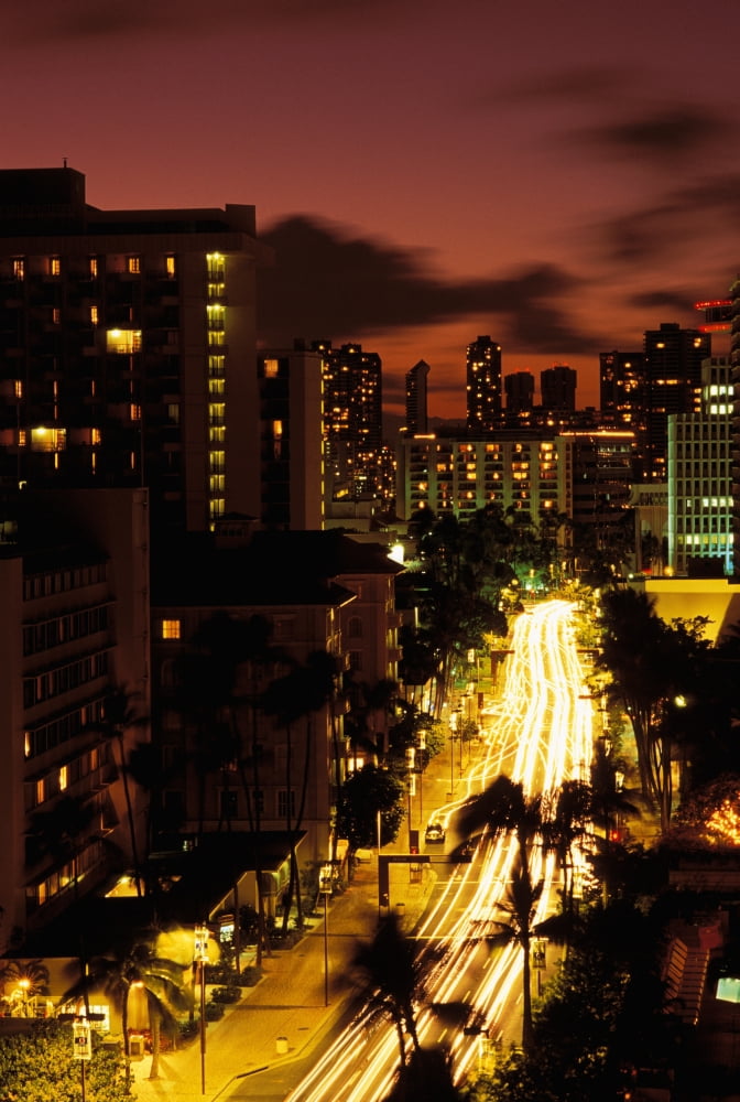 Hawaii Waikiki Overview Of Palm Lined Kalakaua Avenue Lit Up At Dusk Canvas Art - Carl Shaneff Design Pics (11 x 17)