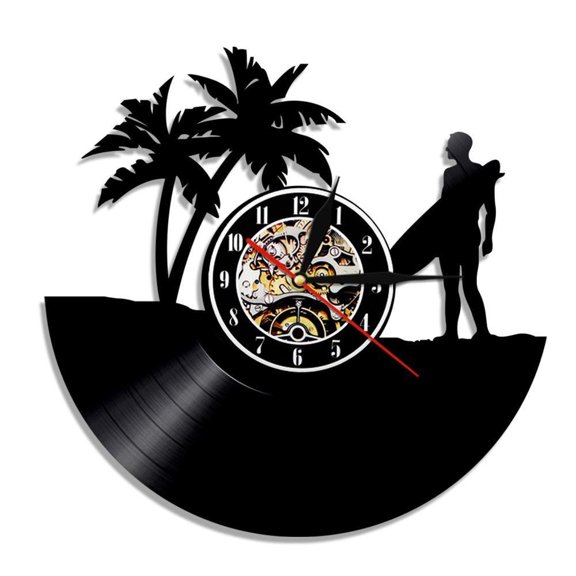 Hawaii Wall Clock Personalized Surfing Vinyl Record LP Clock Wall Watch Surfboard Beach Custom Vintage Clock Surfer Gift Idea Without LED