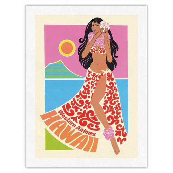 Hawaii Western Airlines - Vintage Airline Travel Poster c.1970 - Japanese Unryu Rice Paper Art Print (Unframed) 12 x 16 in