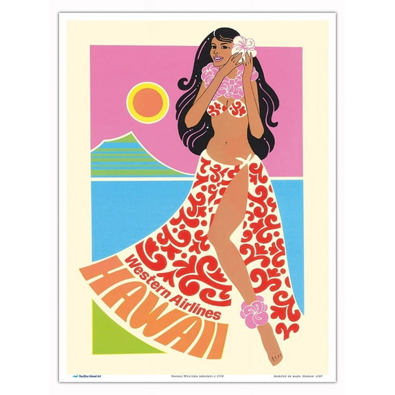 Hawaii Western Airlines - Vintage Airline Travel Poster c.1970 - Master Art Print (Unframed) 9in x 12in