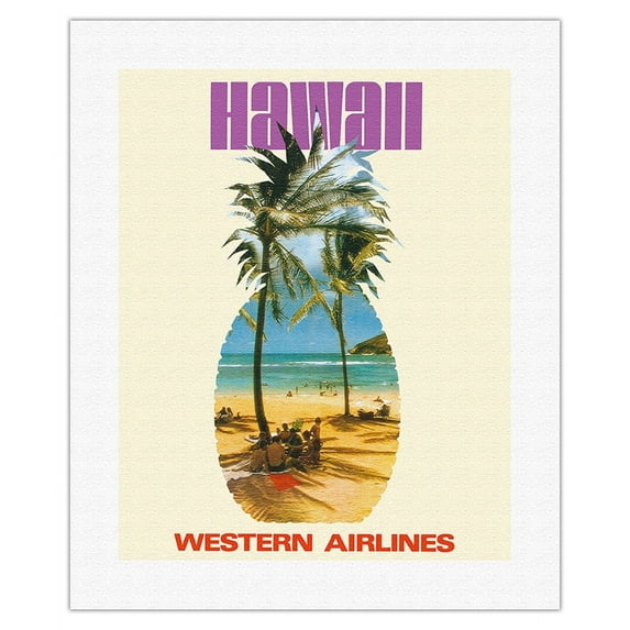 Hawaii - Western Airlines - Vintage Airline Travel Poster c.1970s - Fine Art Rolled Canvas Print 16in x 20in