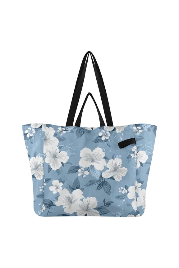 Hawaii White Florals Light Blue Background Foldable Canvas Tote Bags Reusable Grocery Bags Laundry Bags Beach Bag 32L