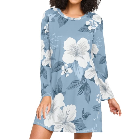 Hawaii White Florals Light Blue Background Women's Long Sleeves Nightgowns Sleepwear Soft Pajama A-line Sleep Dress XXL