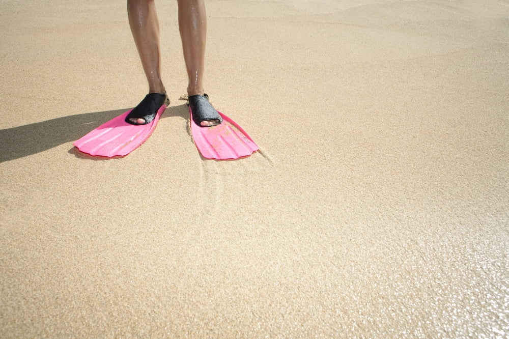 Hawaii Woman Wearing Pink Snorkel Flippers On Sandy Beach Canvas Art - M Swiet Productions Design Pics (17 x 11)