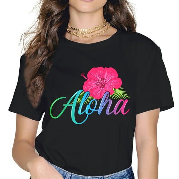 Hawaii Women Tops T-Shirt Aloha Flower Graphics Casual Short Sleeve Crew Neck Shirts Gift Tee Black Small