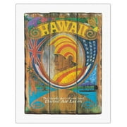 Hawaii - Wood Panel Sign with Hawaiian Chief (Ali’i) - United Air Lines - Vintage Hawaiian Travel Poster c.1960s - Fine Art Rolled Canvas Print (Unframed) 20in x 26in