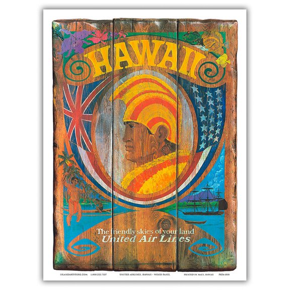 Hawaii - Wood Panel Sign with Hawaiian Chief (Ali’i) - United Air Lines - Vintage Hawaiian Travel Poster c.1960s - Master Art Print (Unframed) 9in x 12in