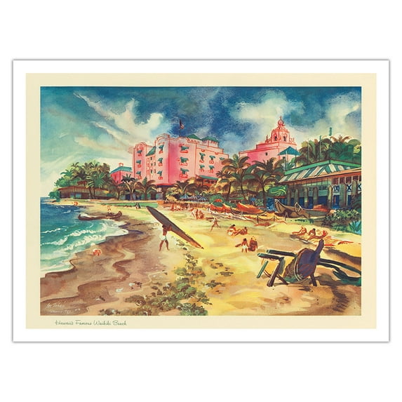 Hawaii’s Famous Waikiki Beach - United Air Lines - Vintage Travel Poster by Joseph Fehér c.1948 - Fine Art Matte Paper Print (Unframed) 24x32in