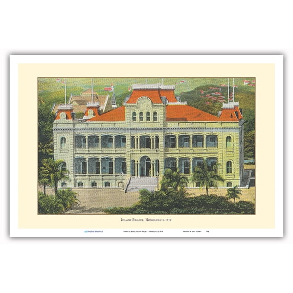 Hawaii’s Royal Iolani Palace - Honolulu - Vintage Hawaiian Color Postcard c.1910 - Master Art Print (Unframed) 12in x 18in