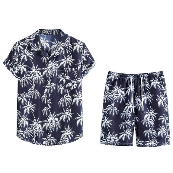 Hawaiian 2 Piece Outfits for Men's Floral Tracksuit Summer Short Sleeve Button Down Shirt and Shorts Jogging Sweatsuit