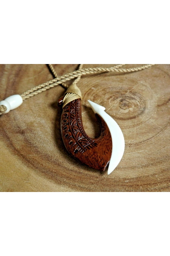 Hawaiian 3" Koa Wood Bone Fish Hook Necklace Choker With Adjustable Cord