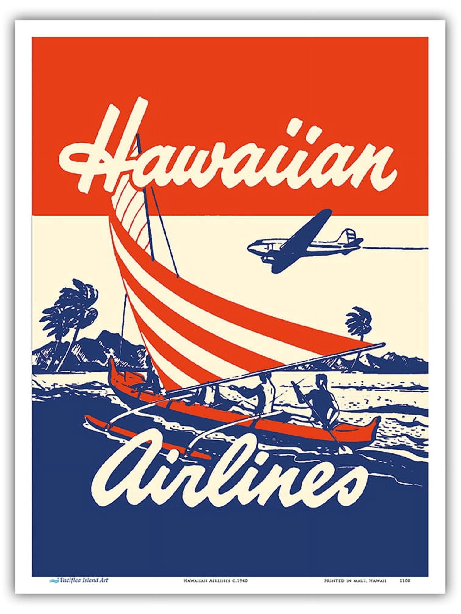 94年旧ロゴHAWAIIAN AIRハワイアン航空オリジナルカレンダーポスター2 Hawaiian Airlines - Hawaiians in Outrigger Canoe (Wa'a) - Vintage