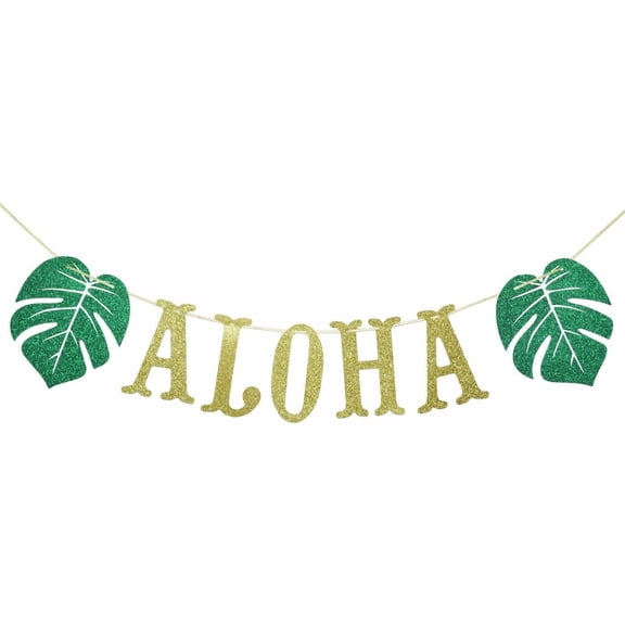 Hawaiian Aloha Banner Decorations with Palm Leaves Garland for Hawaiian Tropical Luau Beach Summer Party Supplies Decor Favors Bunting Photo Booth Props Sign (Gold & Green Glittery)