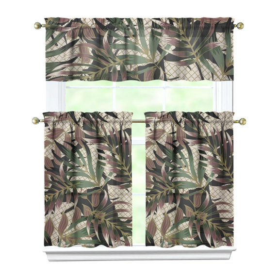 Hawaiian Aloha Kitchen Curtains Set 27.5x36in Polyester Valance and Tiers, Tropical Botanical Window Curtains for Small Kitchen or Summer Vacation Cottage