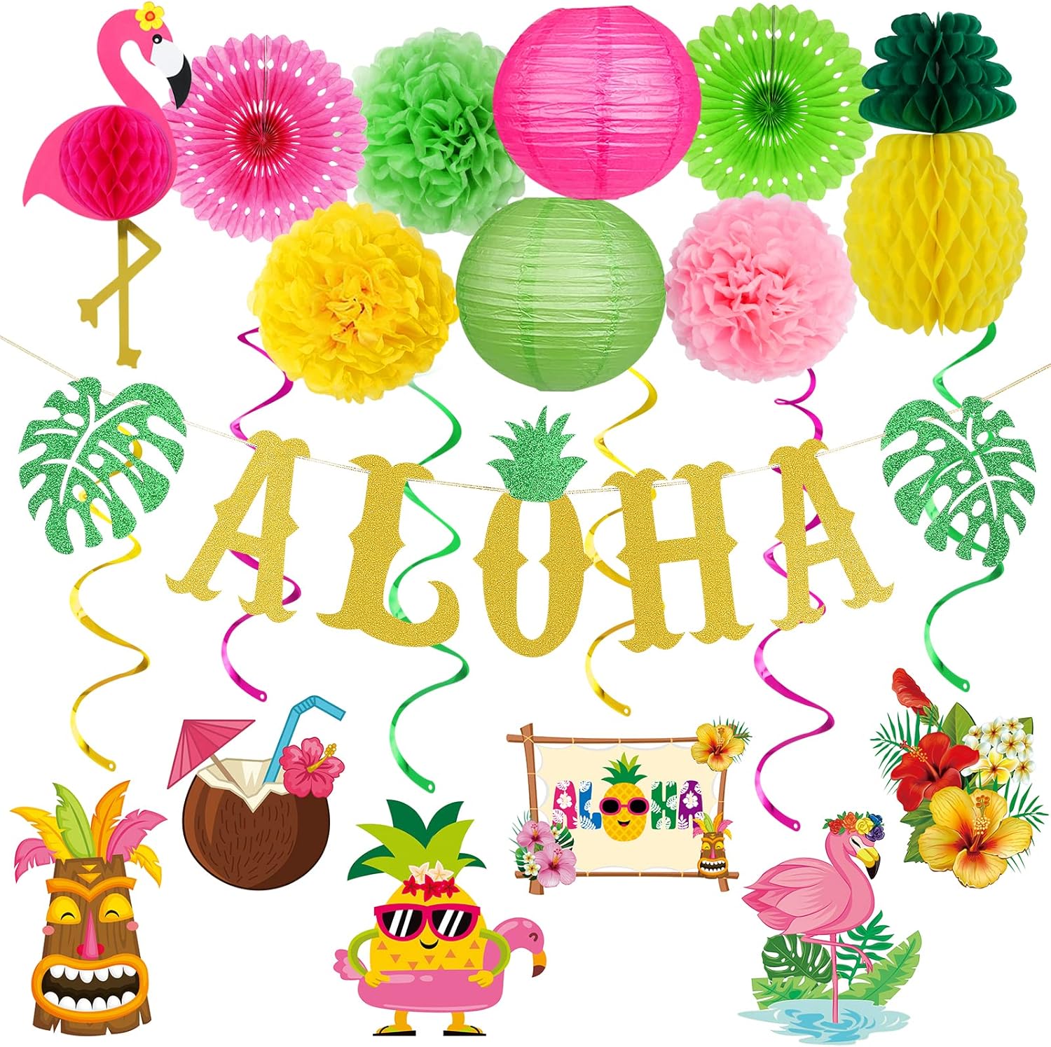 Hawaiian Aloha Party Banner Decorations Large Gold Glitter Aloha 