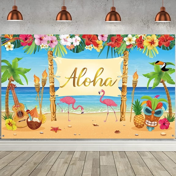 Hawaiian Aloha Party Decoration, Extra Large Summer Luau Beach Party Banner Backdrop Background Photography for Birthday Musical Party Baby Shower Tropical Tiki Themed Decoration