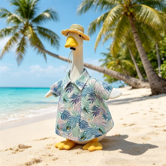 Hawaiian Aloha Themed Porch Goose Outfit With Printed Shirt And Straw Hat For 19 To 23 Inch Goose Statue Summer Yard Decor