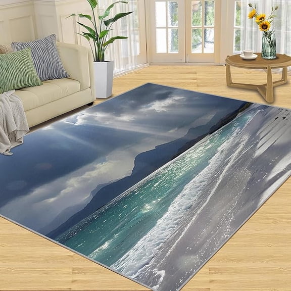 Hawaiian Area Rug with Ocean Design, Washable & Non Slip Sunshine Rugs for Bedroom, Soft Mountains Indoor Carpet for Teens, Resistant Floor Decor 5 x 8ft