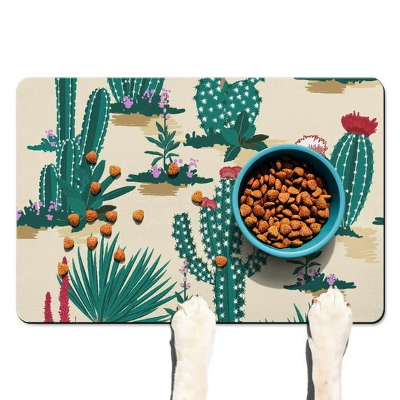 Hawaiian Beach Landscape Dog Feeding Mat - Absorbent Waterproof Pet Food Pad - Non-Slip Bowl Mat - Exotic Palm Tree Design