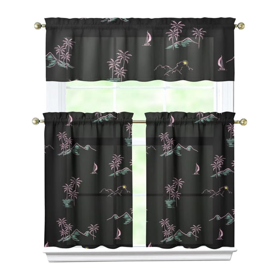 Hawaiian Beach Landscape Kitchen Curtains Set, Rod Pocket Light Filtering Curtains, Aloha Inspired Kitchen Window Curtains