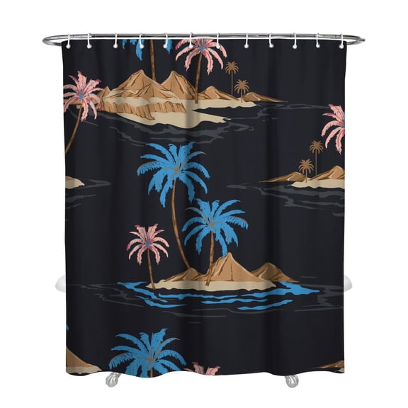 Hawaiian Beach Landscape Shower Curtain, Aloha Tropical Sunset Palm Tree Coastal Paradise Design, Boho Nautical Bathroom Fabric, Waterproof and Washable with Hooks, for Home or Airbnb