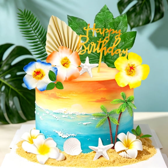 Hawaiian Beach Ocean Cake Topper Set - 16-Piece Summer Tropical Party Decor for Birthday, Pool & Beach Events
