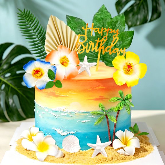 Hawaiian Beach Ocean Cake Topper Set - 16-Piece Summer Tropical Party Decor for Birthday, Pool & Beach Events
