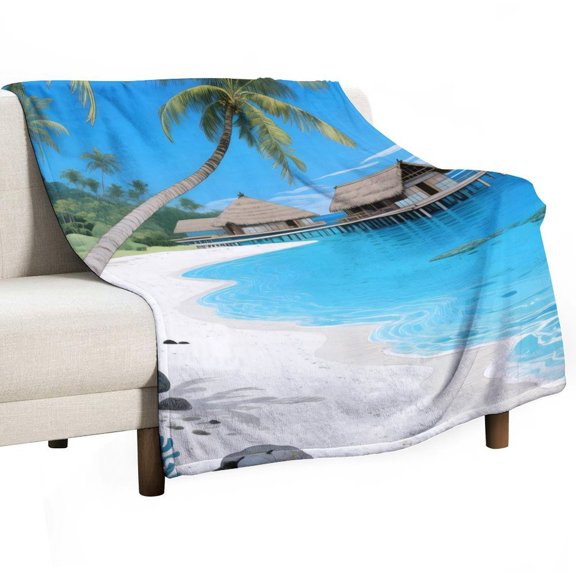Hawaiian Beach Print Flannel Blanket Novelty Pattern Nap Blanket Sofa Room Office Soft Throw Blanket Outdoor Camping Warm Blanket