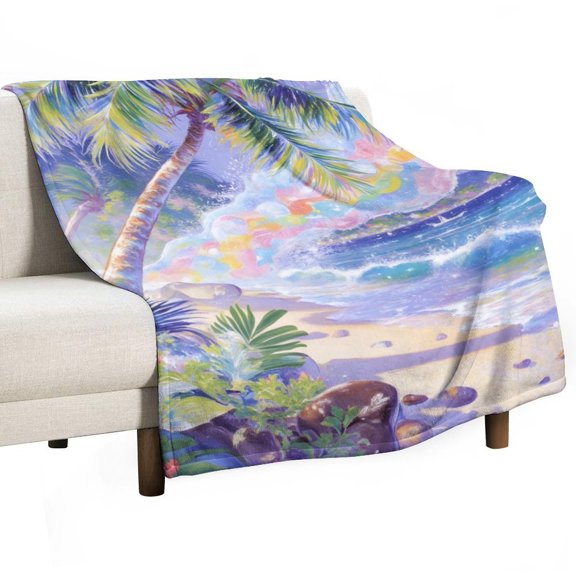 Hawaiian Beach Print Flannel Blanket Novelty Pattern Nap Blanket Sofa Room Office Soft Throw Blanket Outdoor Camping Warm Blanket