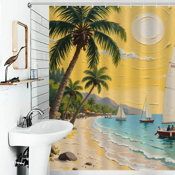 Hawaiian Beach Print Shower Curtain Art Style Bathroom Decor Shower Curtain with 12 Hooks,66inx72in