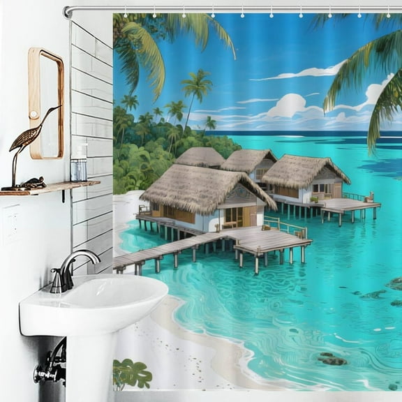 Hawaiian Beach Print Shower Curtain Art Style Bathroom Decor Shower Curtain with 12 Hooks,66inx72in
