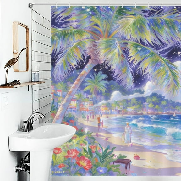 Hawaiian Beach Print Shower Curtain Art Style Bathroom Decor Shower Curtain with 12 Hooks,66inx72in