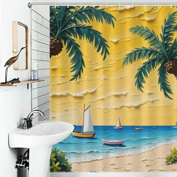 Hawaiian Beach Print Shower Curtain Art Style Bathroom Decor Shower Curtain with 12 Hooks,66inx72in