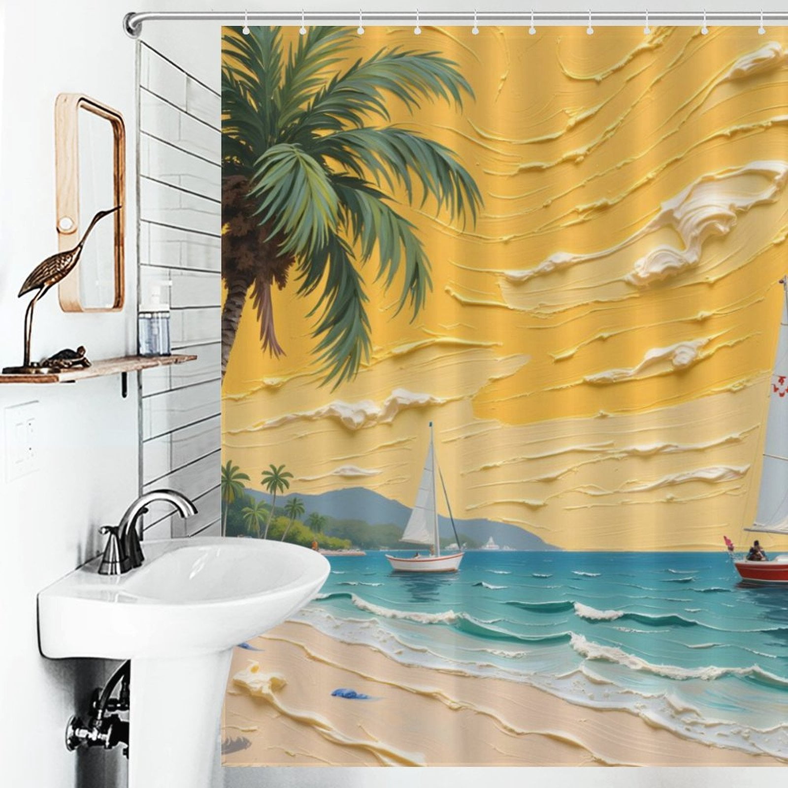 Hawaiian Beach Print Shower Curtain Art Style Bathroom Decor Shower