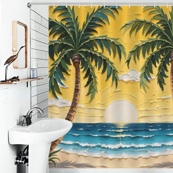 Hawaiian Beach Print Shower Curtain Art Style Bathroom Decor Shower Curtain with 12 Hooks,66inx72in