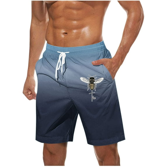 Hawaiian Beach Shorts for Men Bee Graphic Print Mesh Lining Suit Swimsuits Vacation Loose Fit Shorts with Pockets