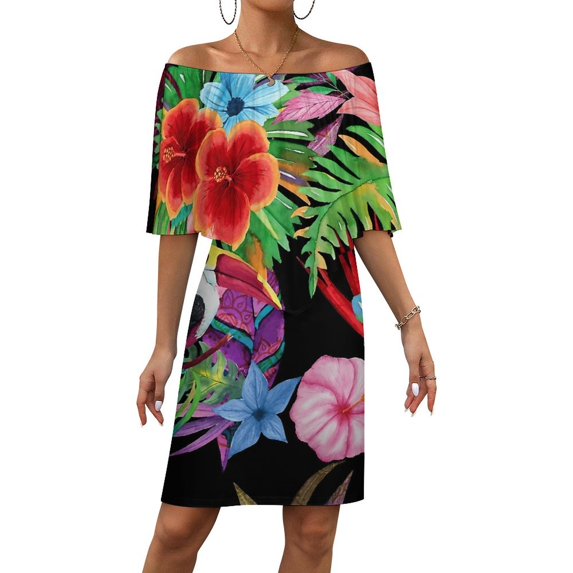 Hawaiian Beauty Women's Off The Shoulder Ruffles Summer Wedding Guest Loose Casual Party Beach Dress