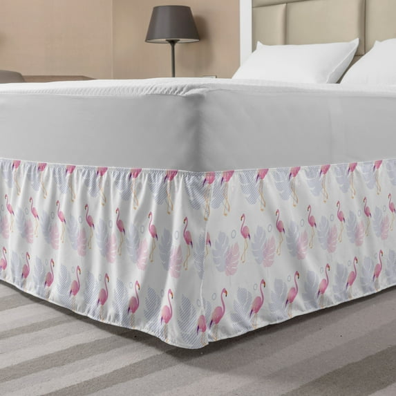 Hawaiian Bed Skirt, Tropical Pattern Image of Continuous Flamingos and Leaves Art, Elastic Bedskirt Dust Ruffle Wrap Around for Bedding Decor, 4 Sizes, White Pastel Purple and Pink, by Ambesonne