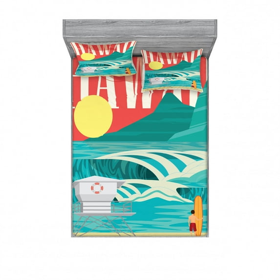 Hawaiian Bedding Set with Sheet & Covers, Hawaii Sandy Coastline Sunny Day Surfboard Tropics Famous Honeymoon Destination, Printed Bedroom Decor 2 Shams, 4 Sizes, Sand Teal, by Ambesonne