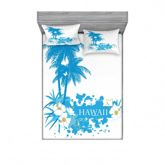 Hawaiian Bedding Set with Sheet & Covers, Palm Trees Tropical Plants Flowers and Butterflies Silhouette Monochrome Artwork, Printed Bedroom Decor 2 Shams, 4 Sizes, Aqua White, by Ambesonne