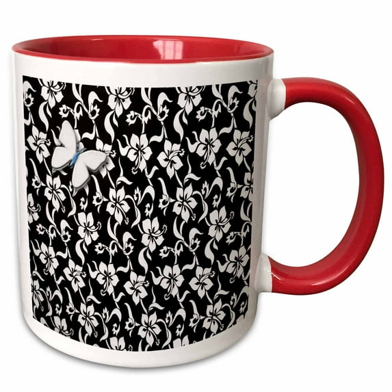 3drose, Hawaiian Black and White Hibiscus Flower Print, 11oz Two-tone Red Mug