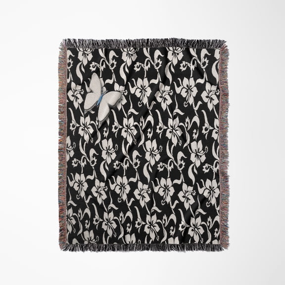 Hawaiian Black And White Hibiscus Flower Print, Woven Blanket